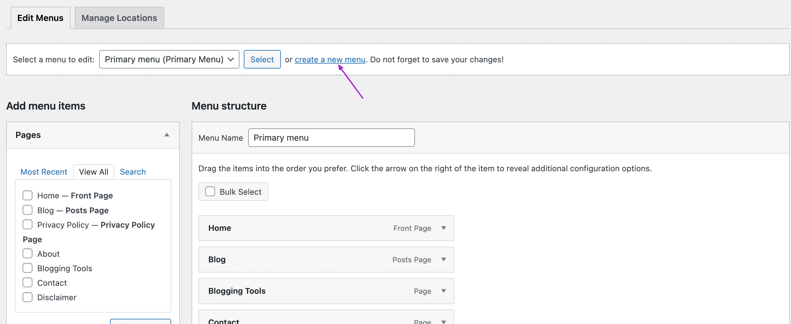 Create a new menu in WordPress