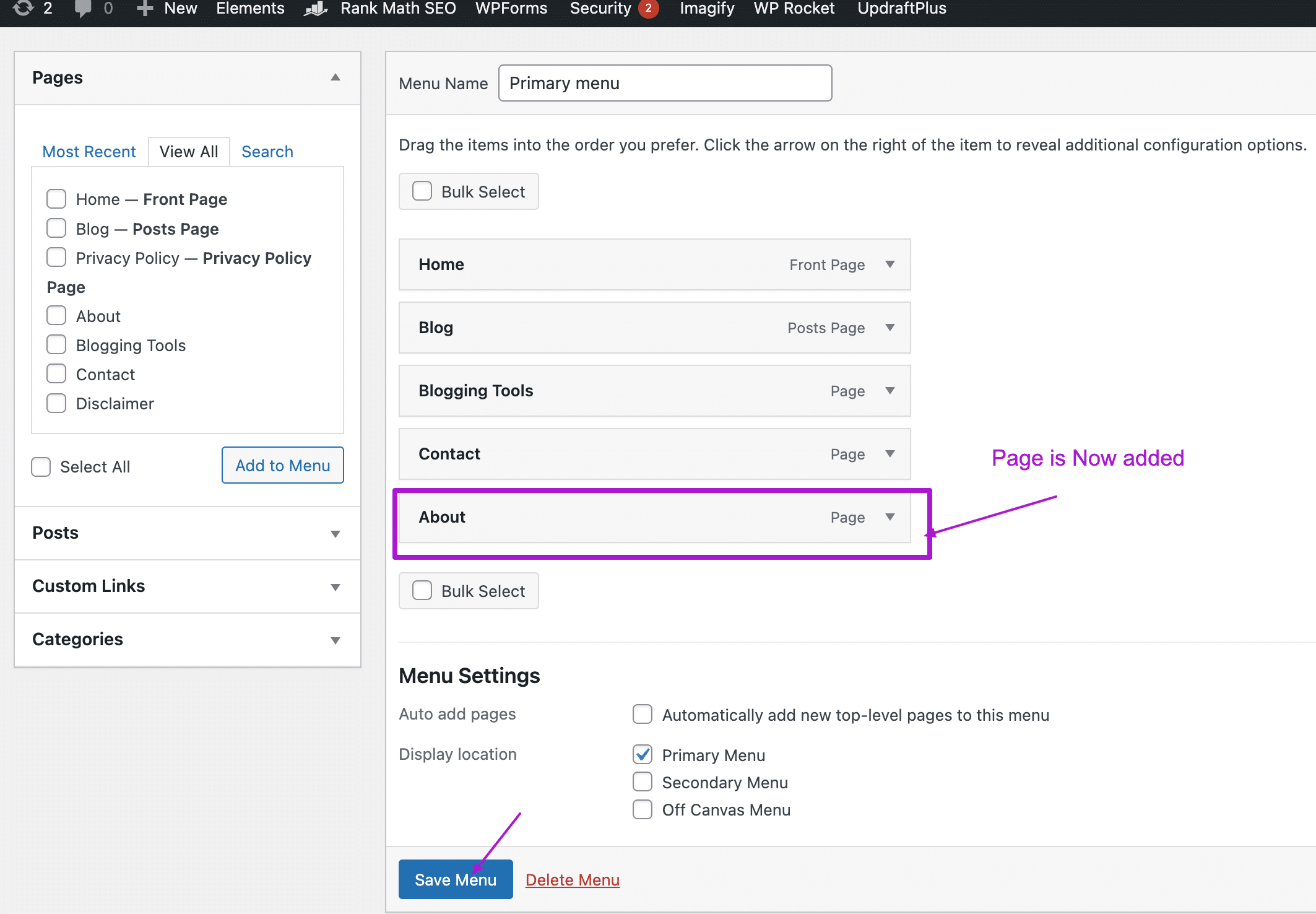 Page is now added to the menu
