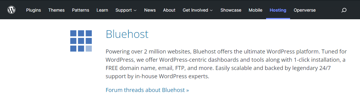 Wordpress also recommends Bluehost hosting 