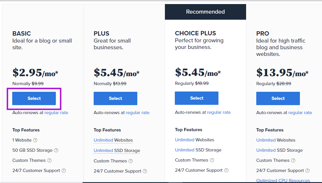 Choose your Bluehost hosting plan