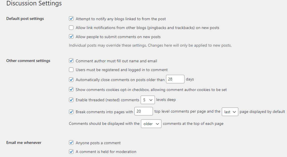 WordPress discussion settings screenshot 1