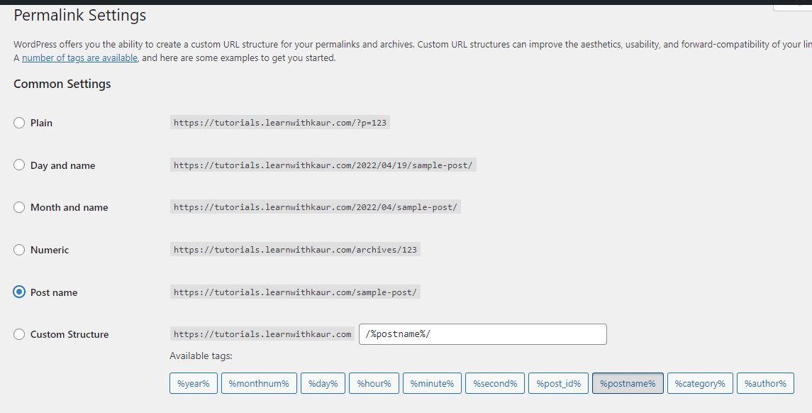 Wordpress permalink settings screenshot