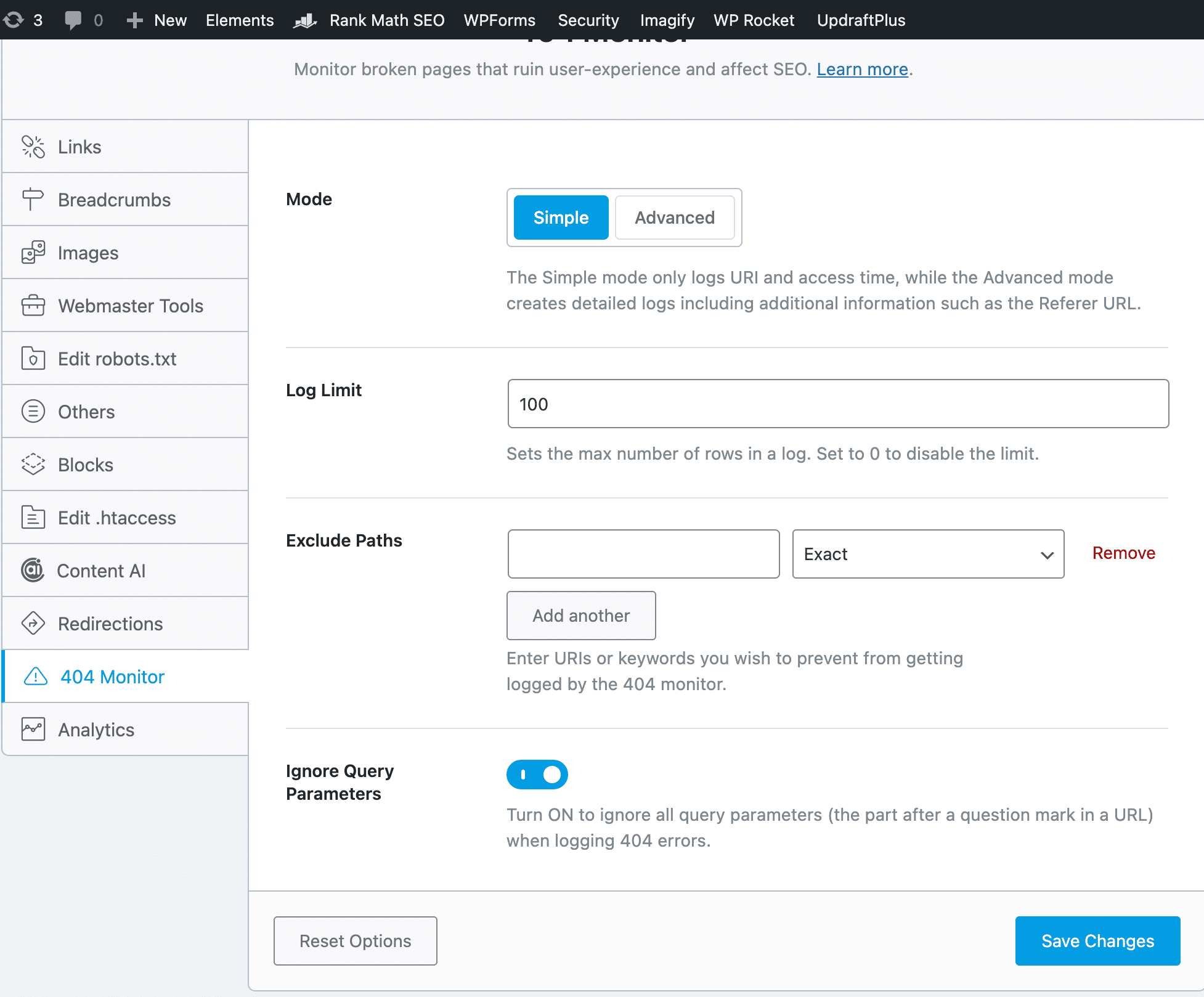 404 Manager settings in Rank Math