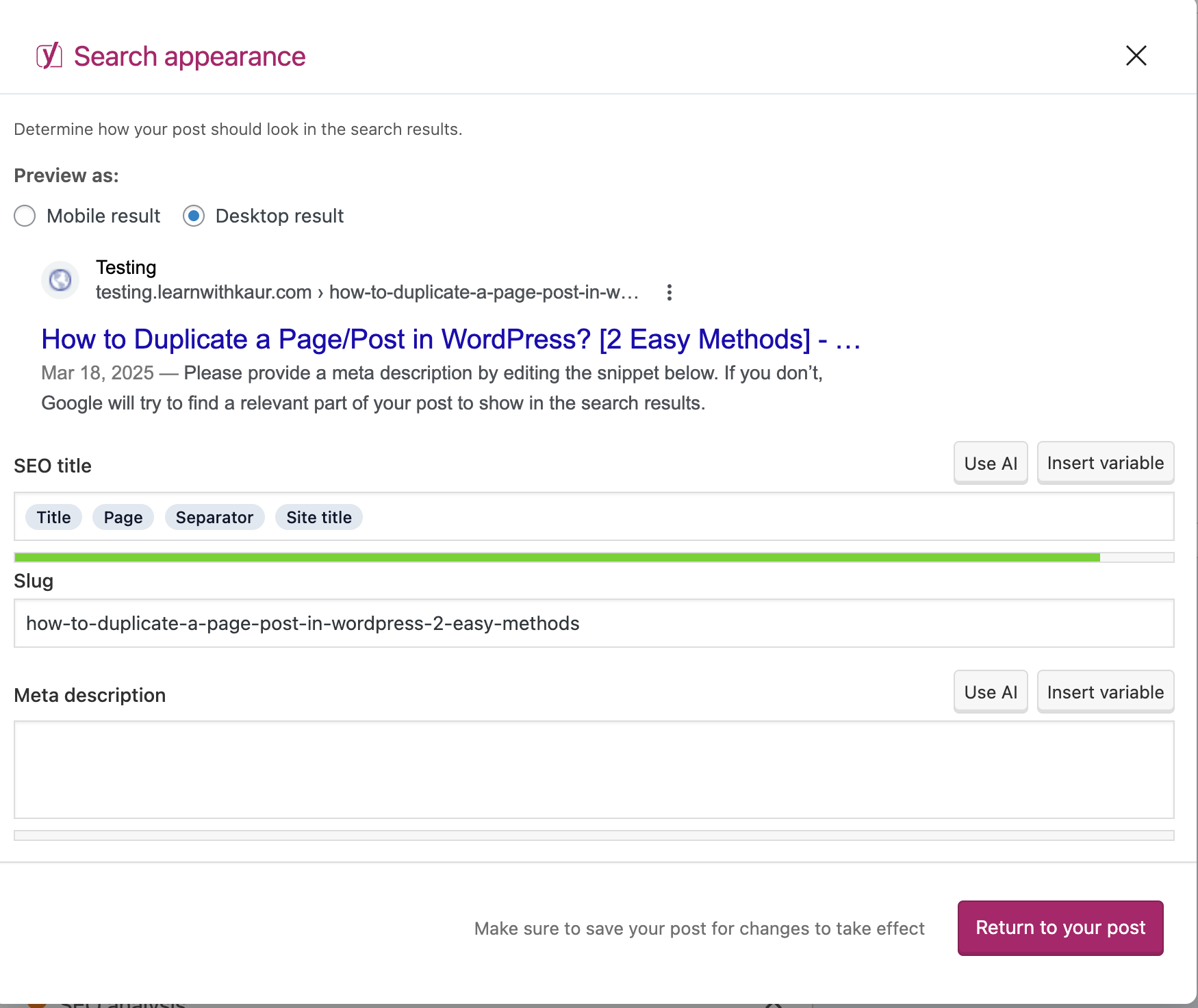 Yoast Search Snippet Screenshot