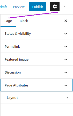 Wordpress page settings