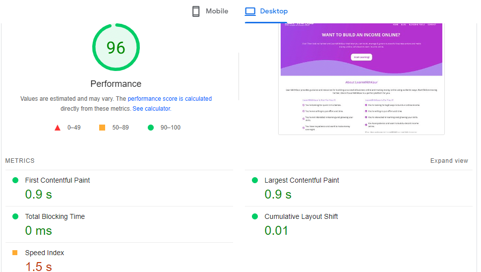 My site's desktop speed score by page speed insights. 