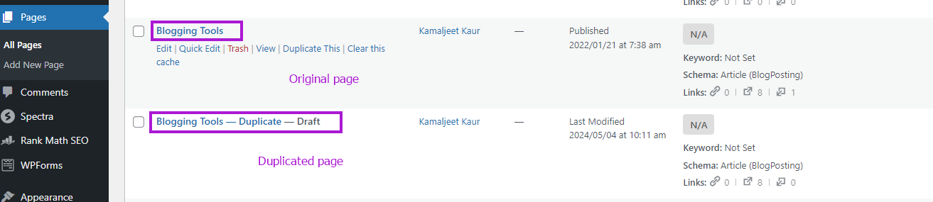 Find your duplicate page to edit