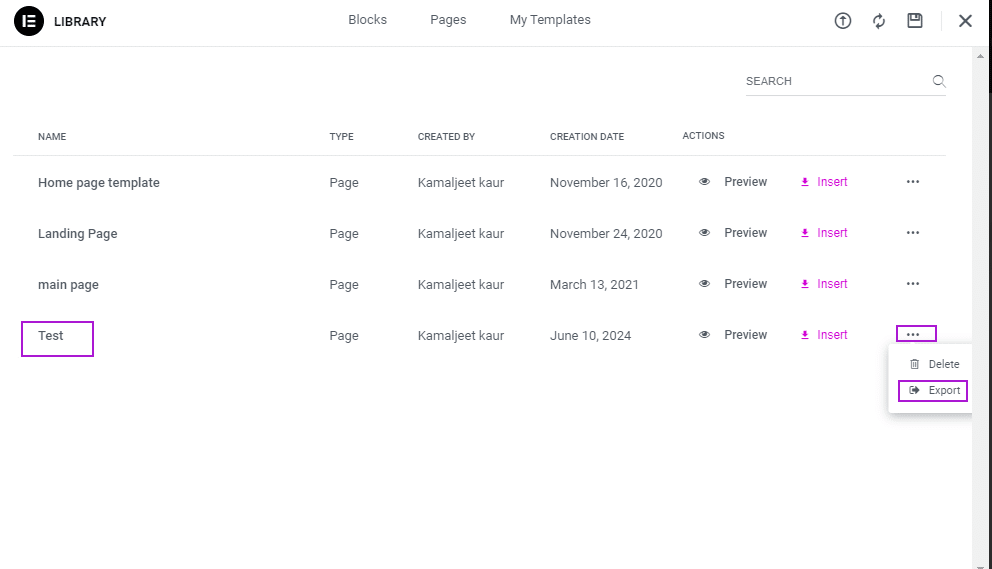 Export page as template