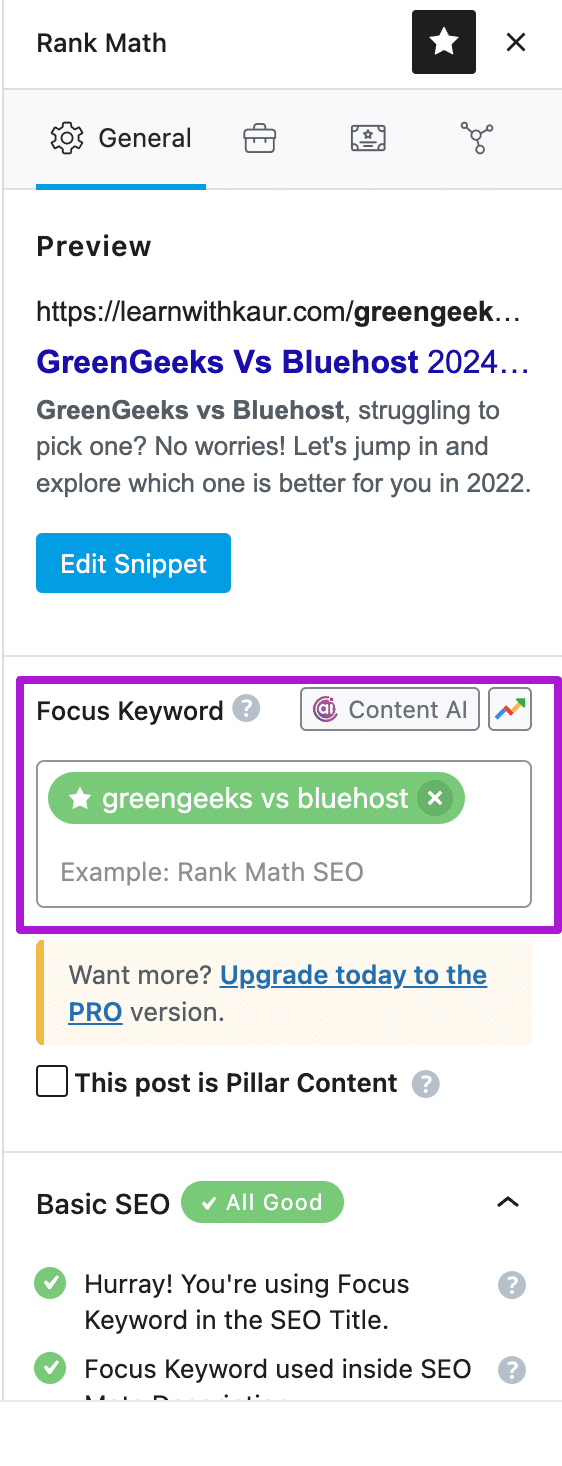 Adding foucs keyword in RankMath