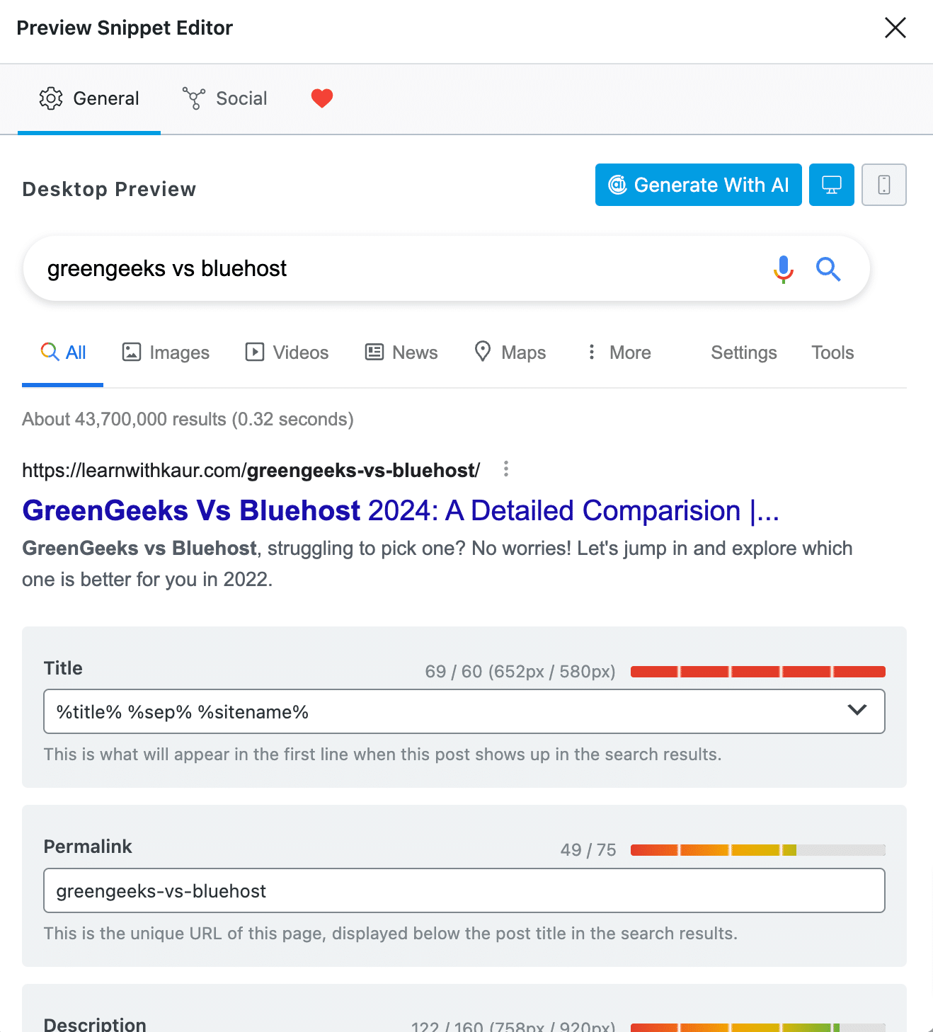 Google Snippet Preview & Editor feature. 