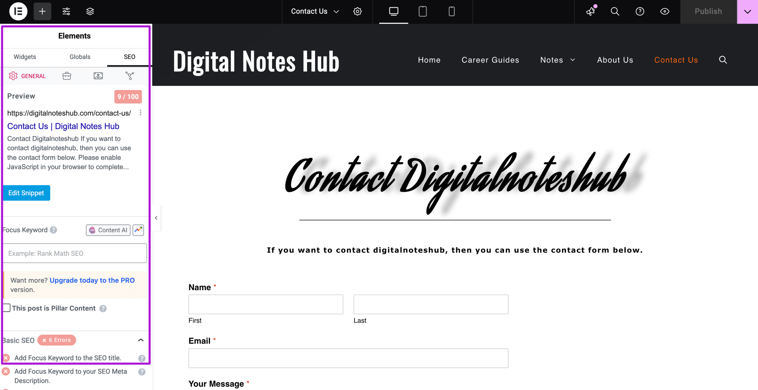 On-page SEO settings in Page Builders