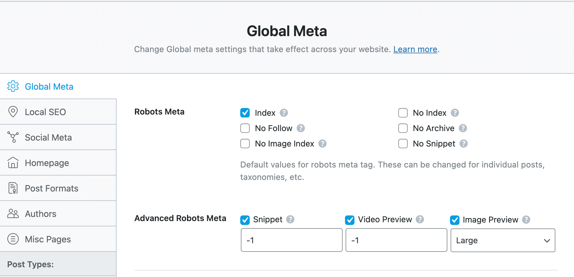 Global Meta Settings