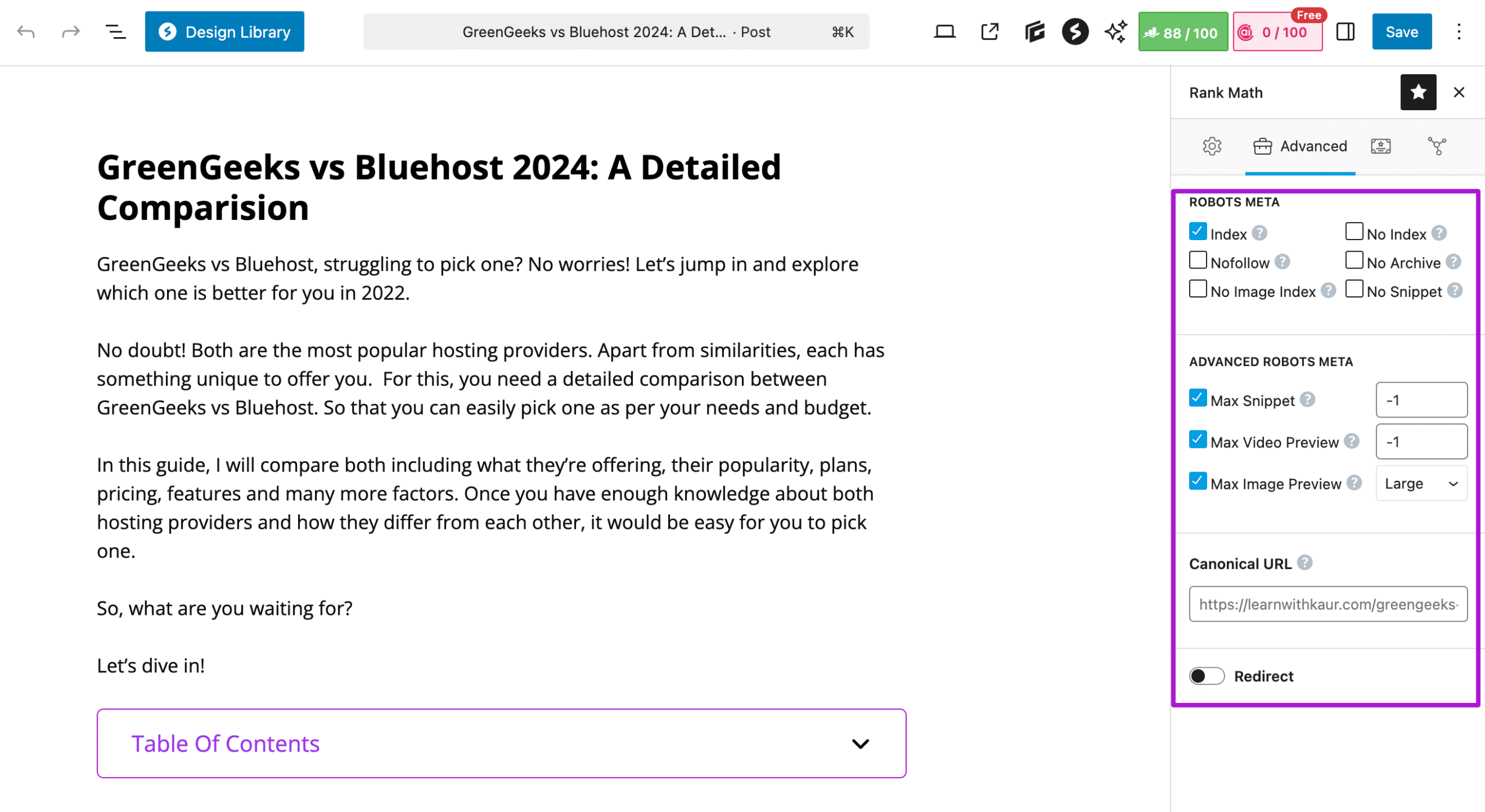 robot meta settings for individual post. 
