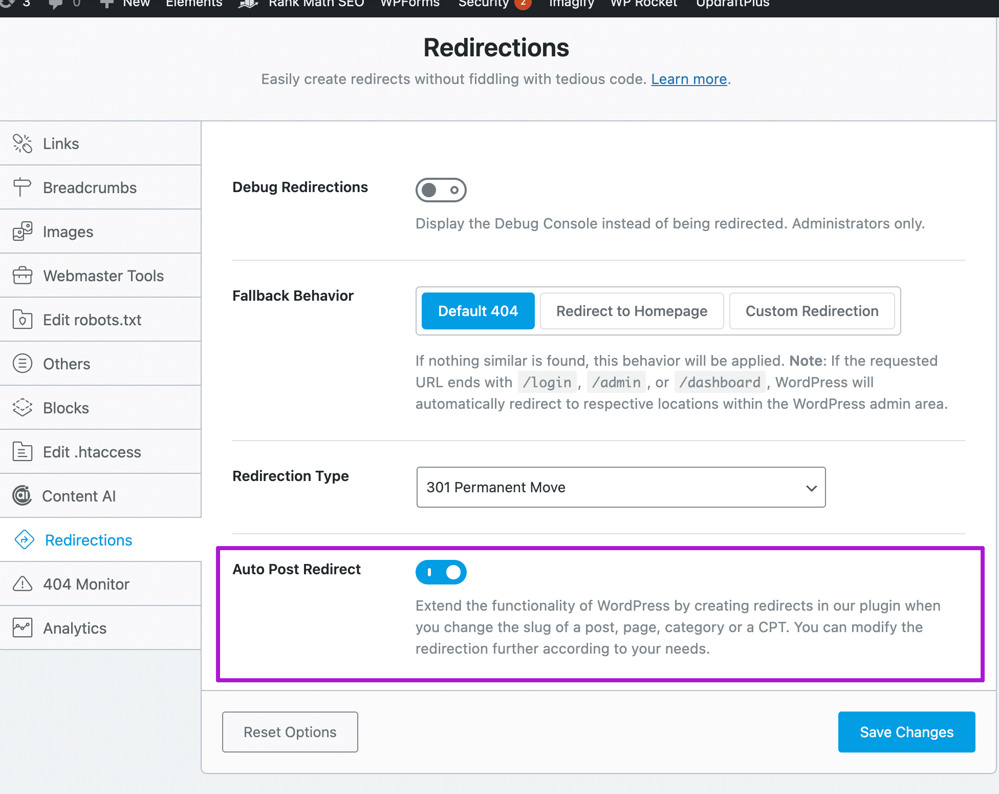 Autopost redirect in Rank Math