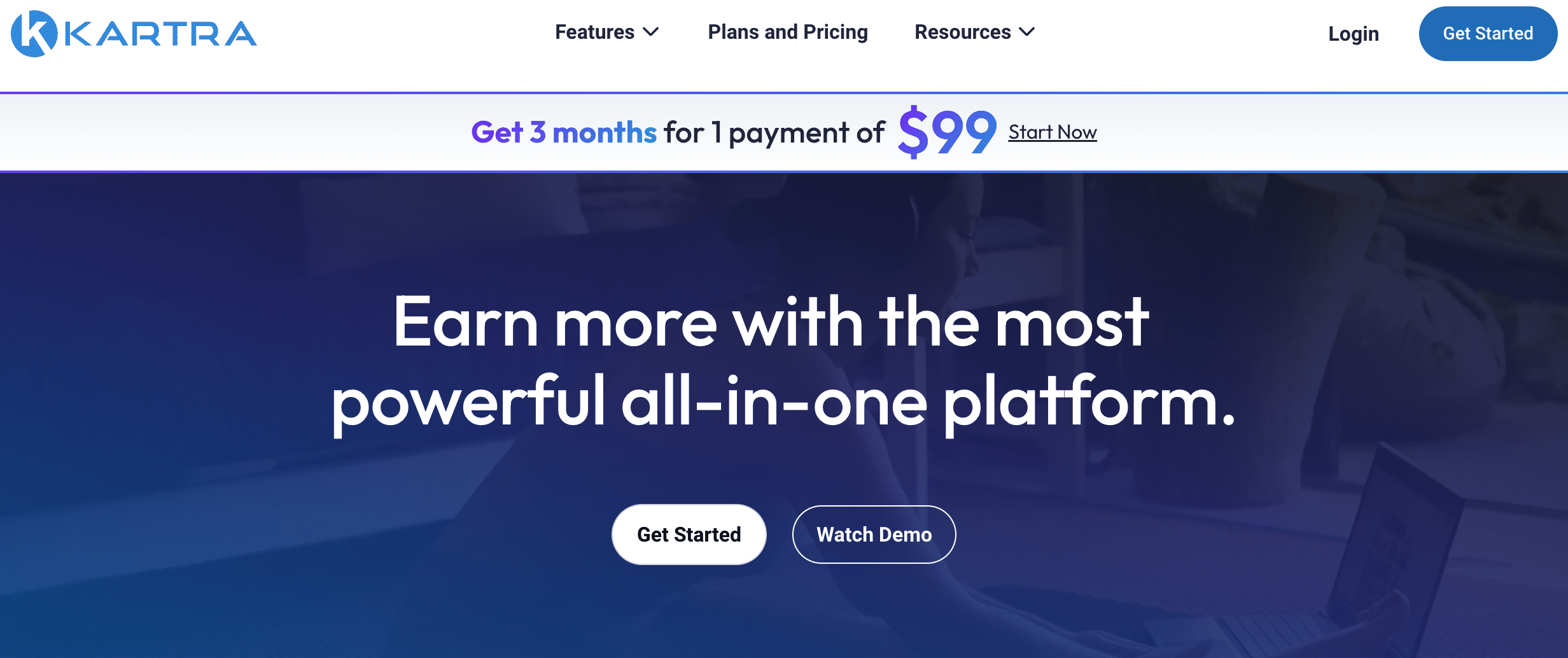 Kartra home page screenshot. 