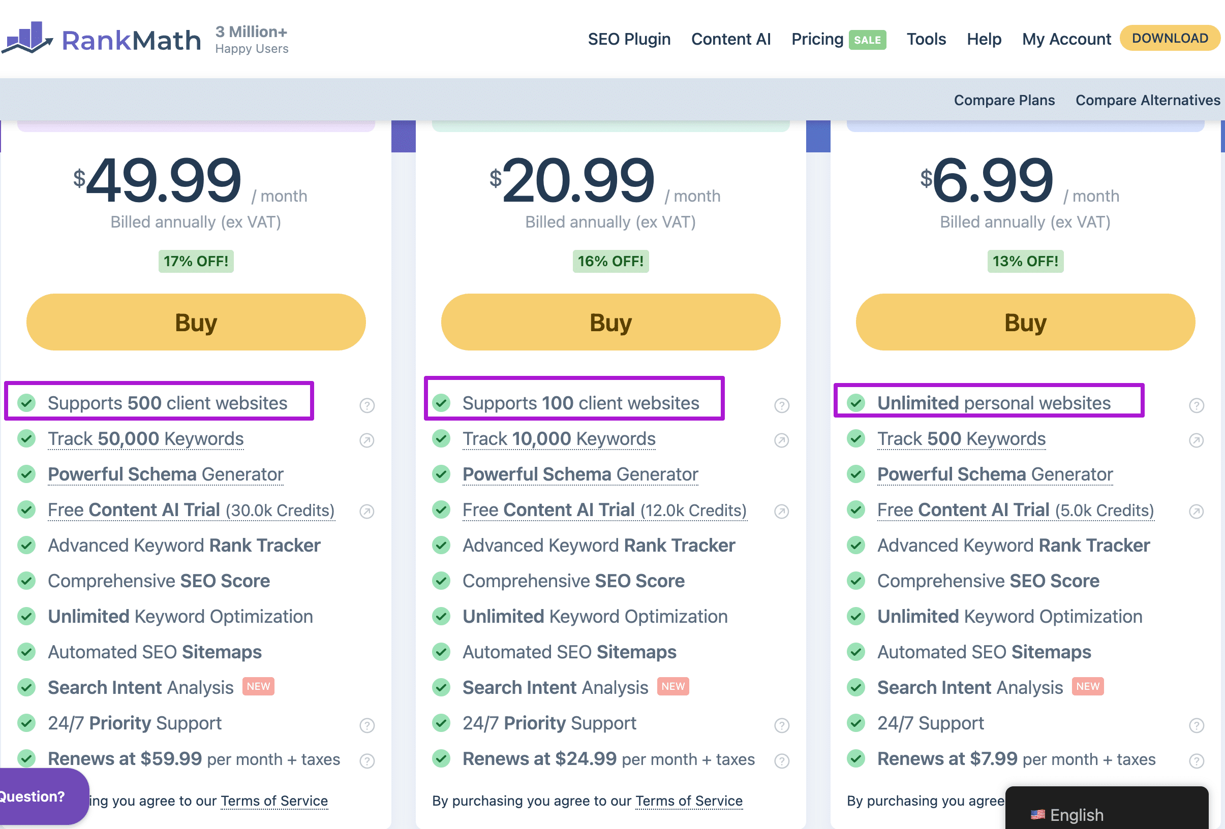 Rank Math Pro Plans & Pricing Screenshot
