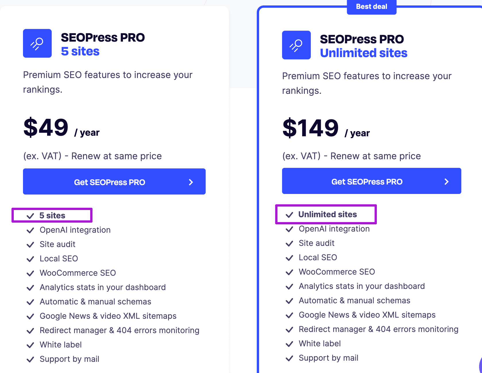 SEOPress Plans screenshot