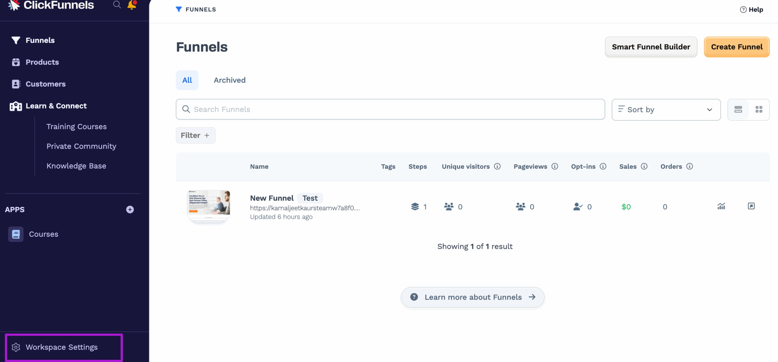 Access WorkSpace settings in clickfunnels.