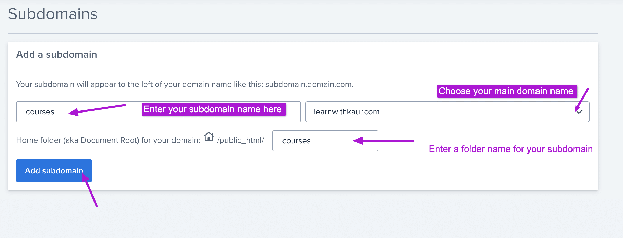 Add a subdomain in bluehost