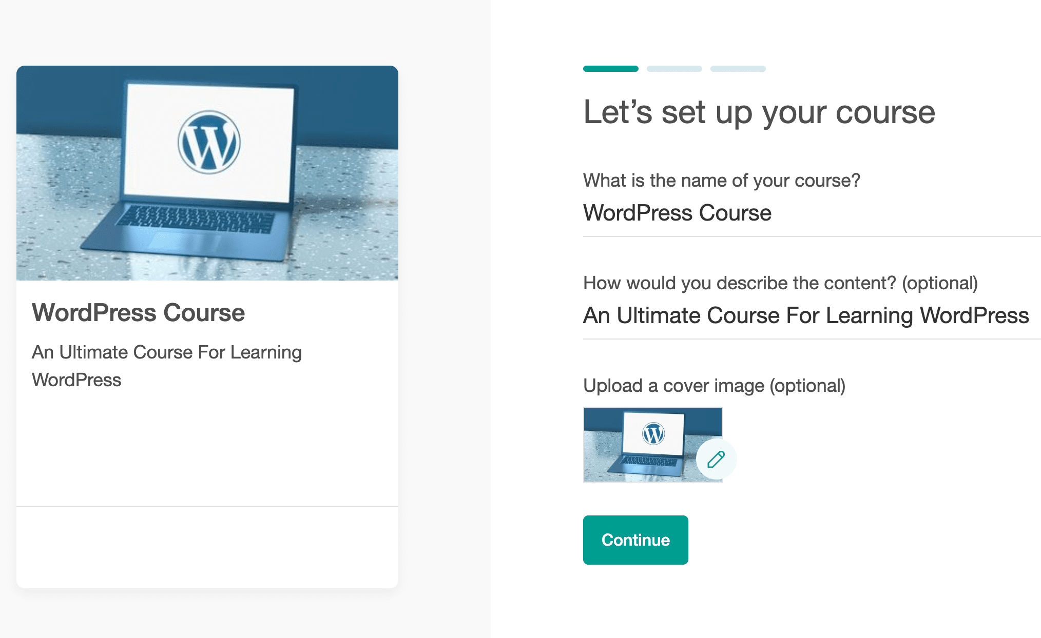 Learnworlds course setup step screenshot