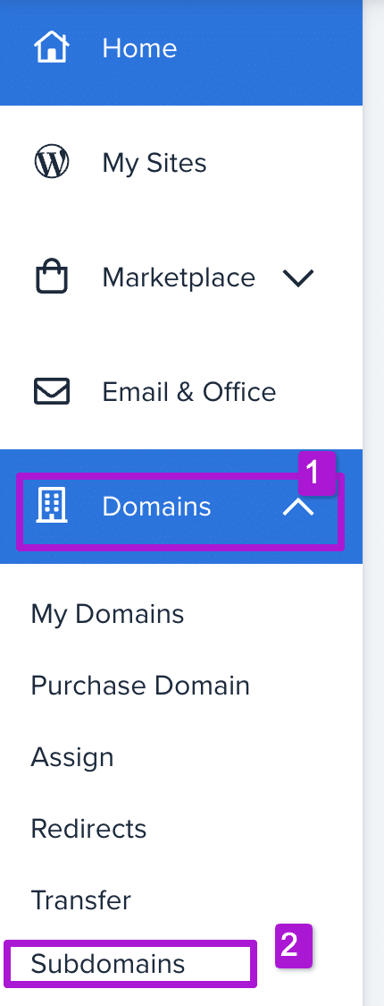 Navigate to domains section in bluehost