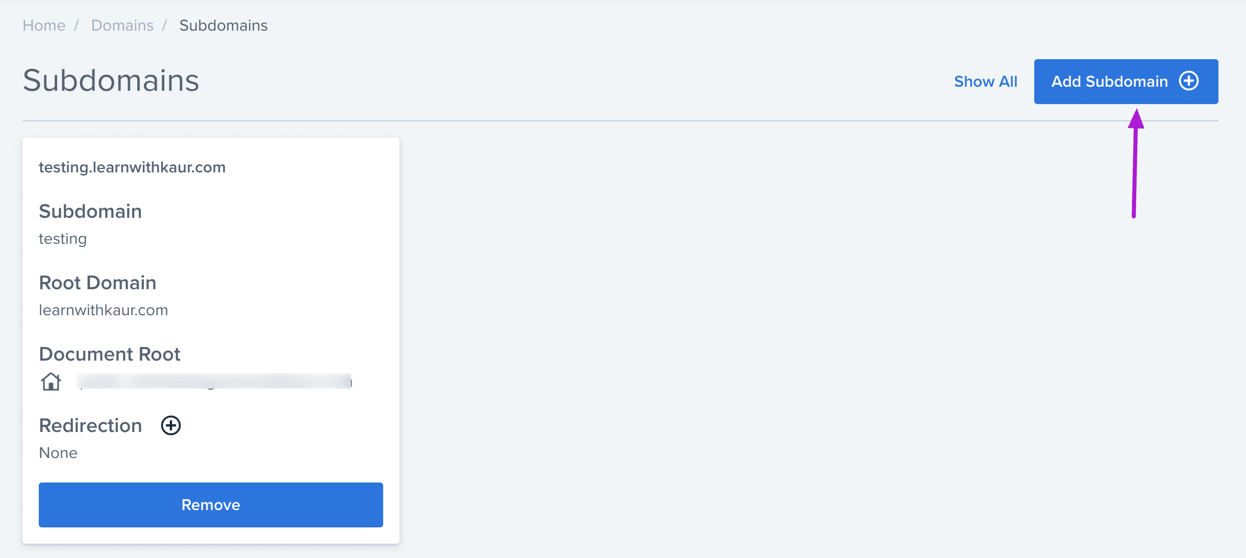Navigate to Add Subdomain 