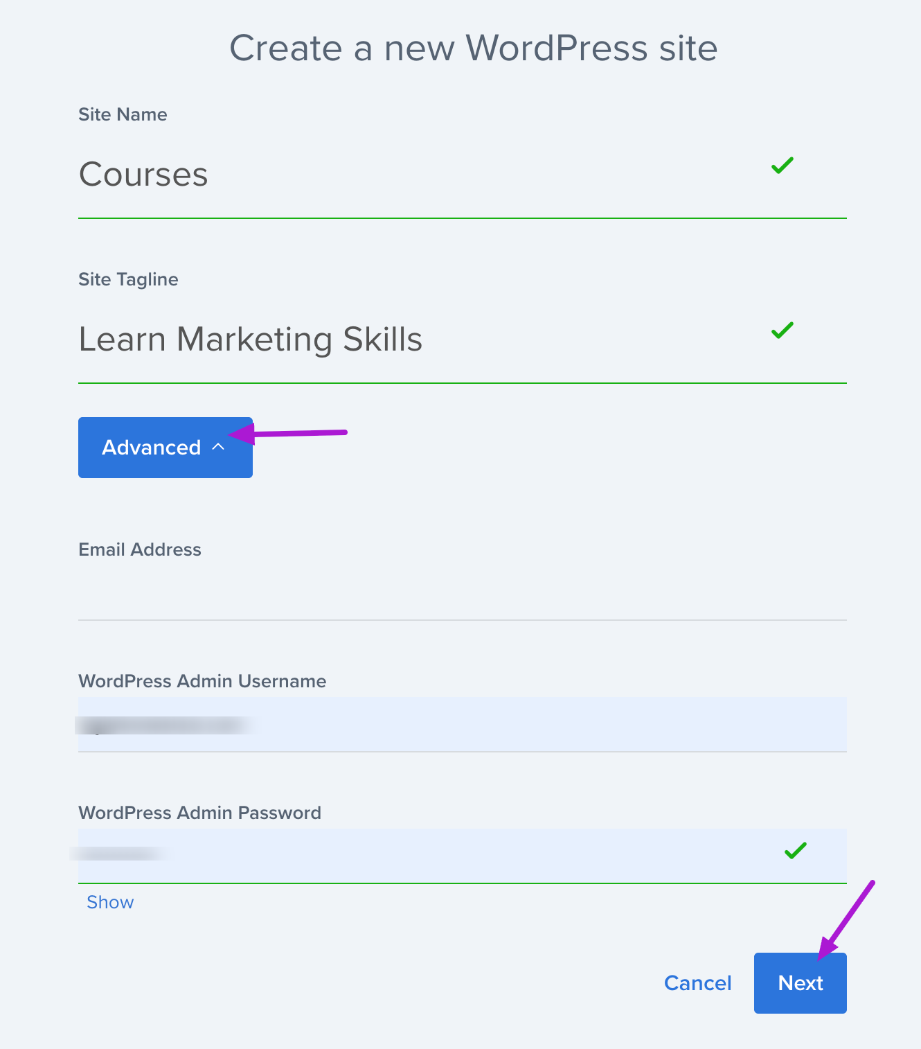 Enter details for new WordPress site. 