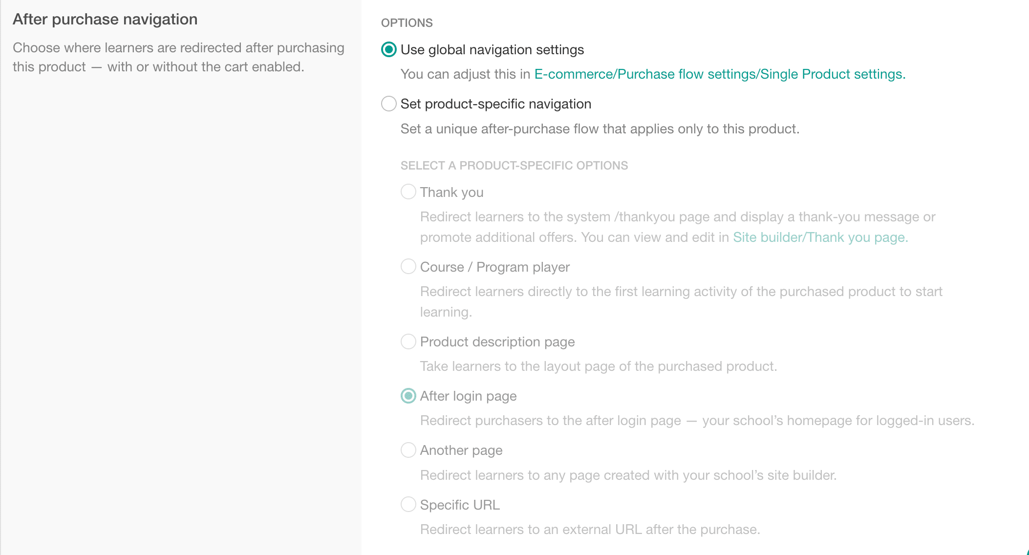 Course Purchase Navigation Settings