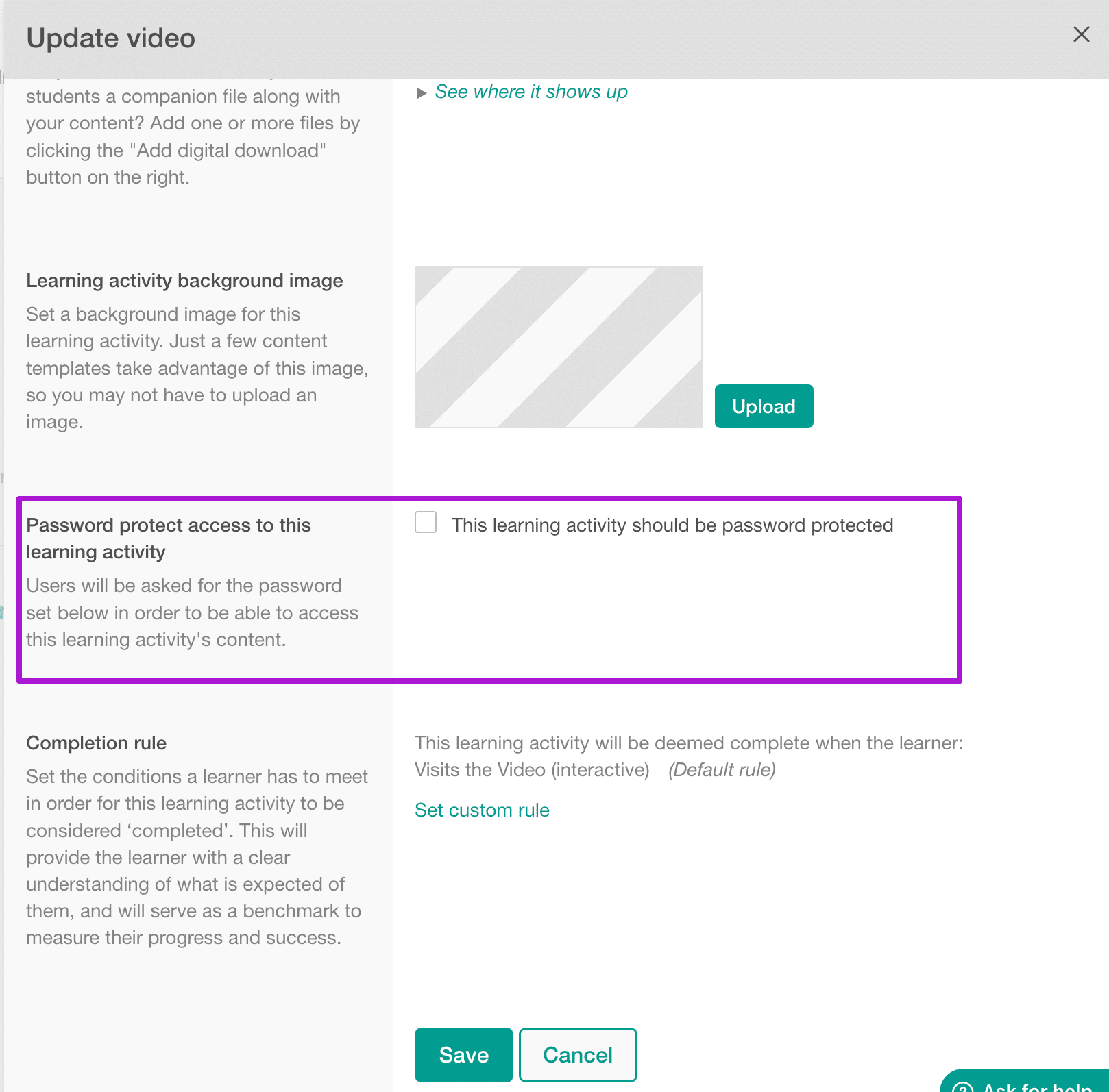 Learning Activity Access Options Screenshot