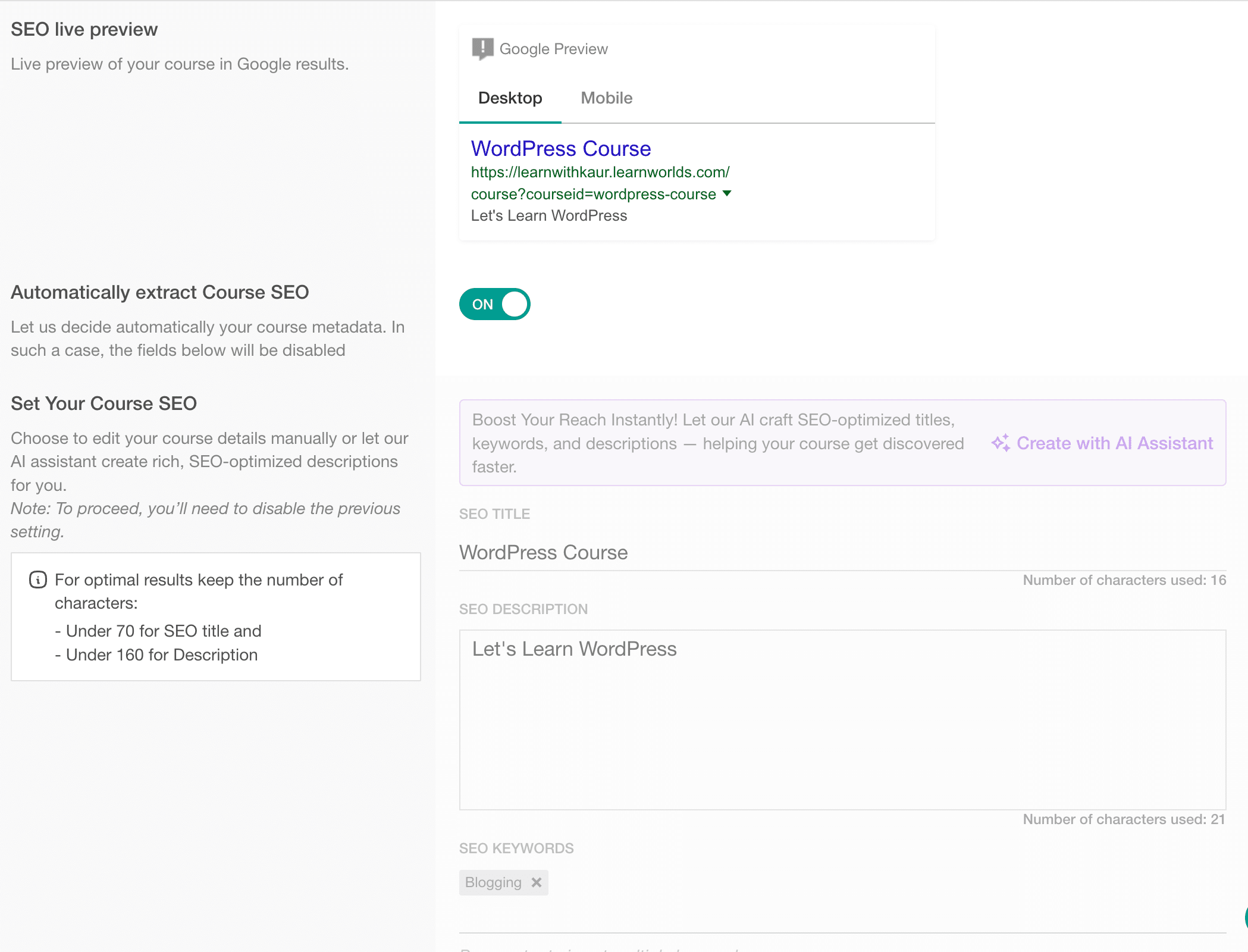 Course  SEO Settings Screenshot