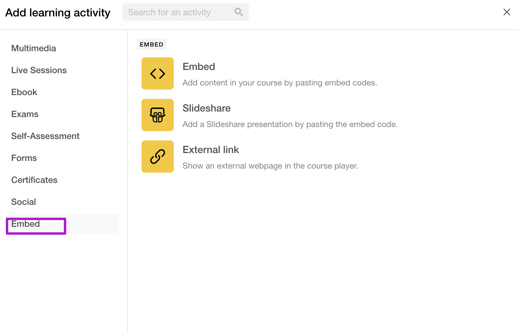 Embed learning activity screenshot