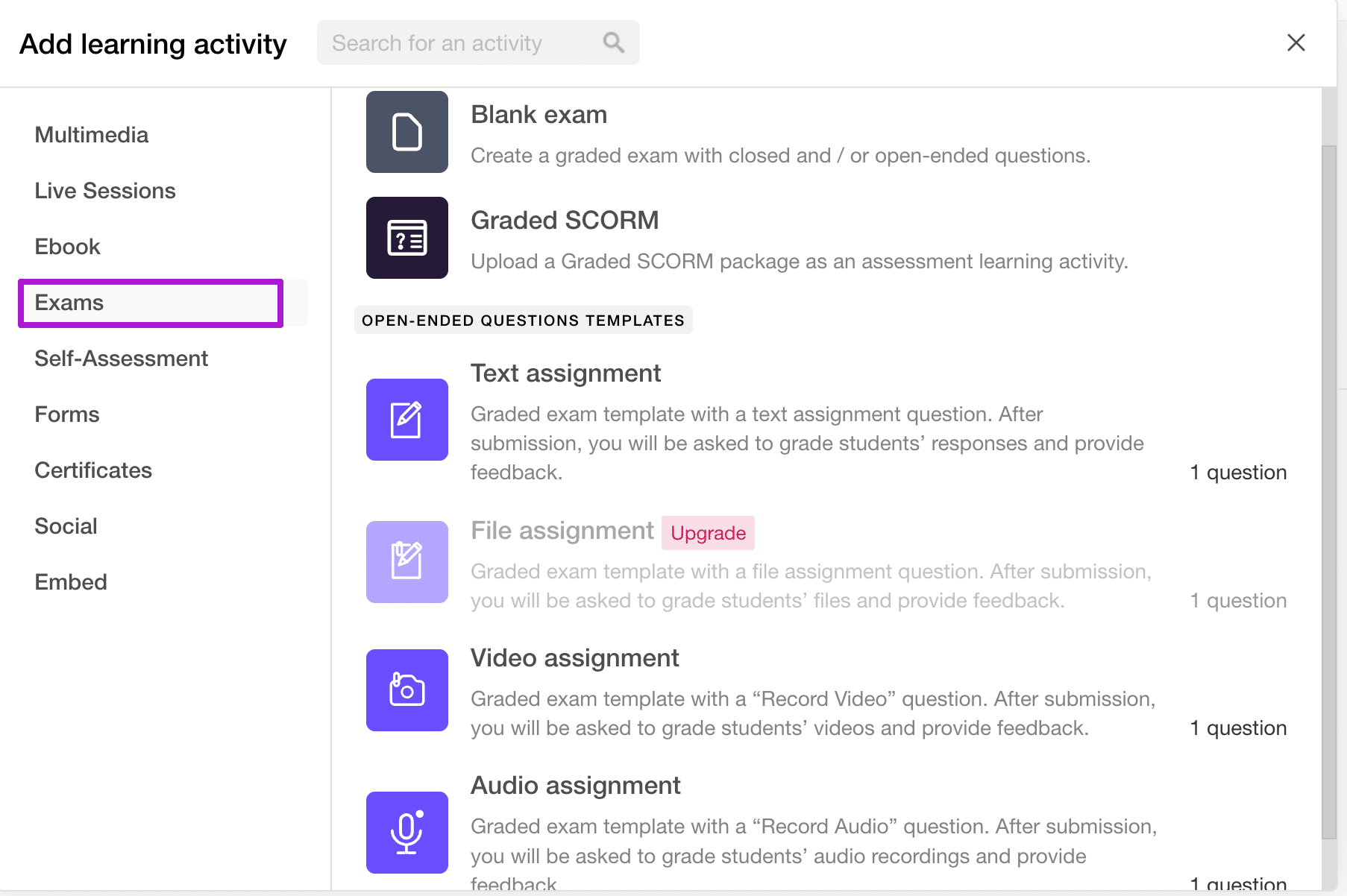 Exam Learning Activities Screenshot