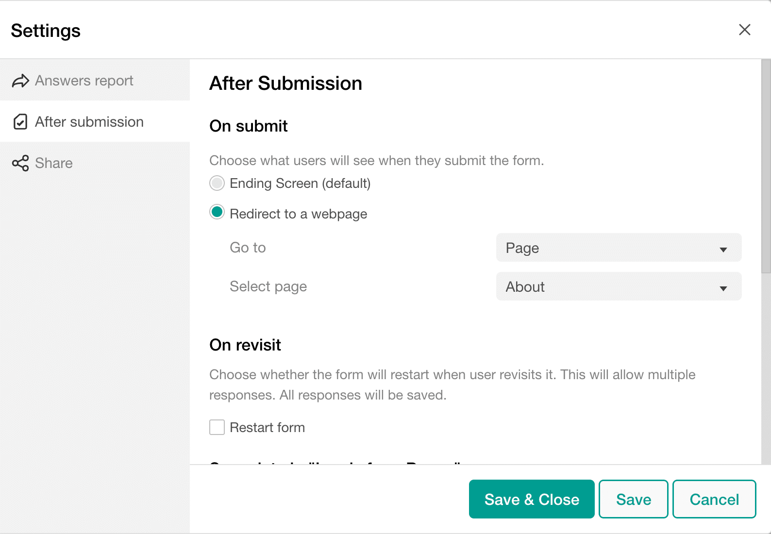 Form Submission settings