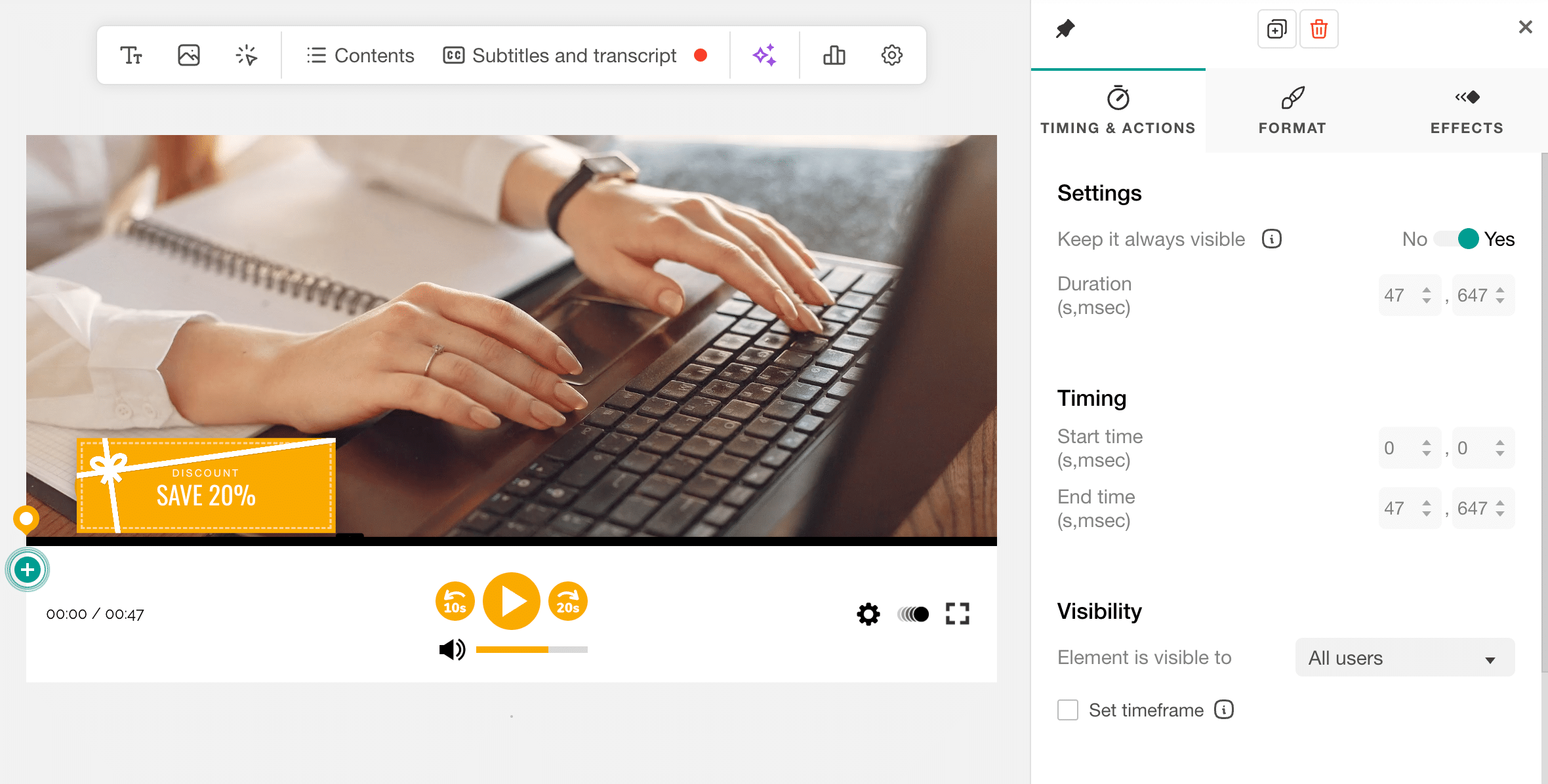 Interactvie video element customization settings