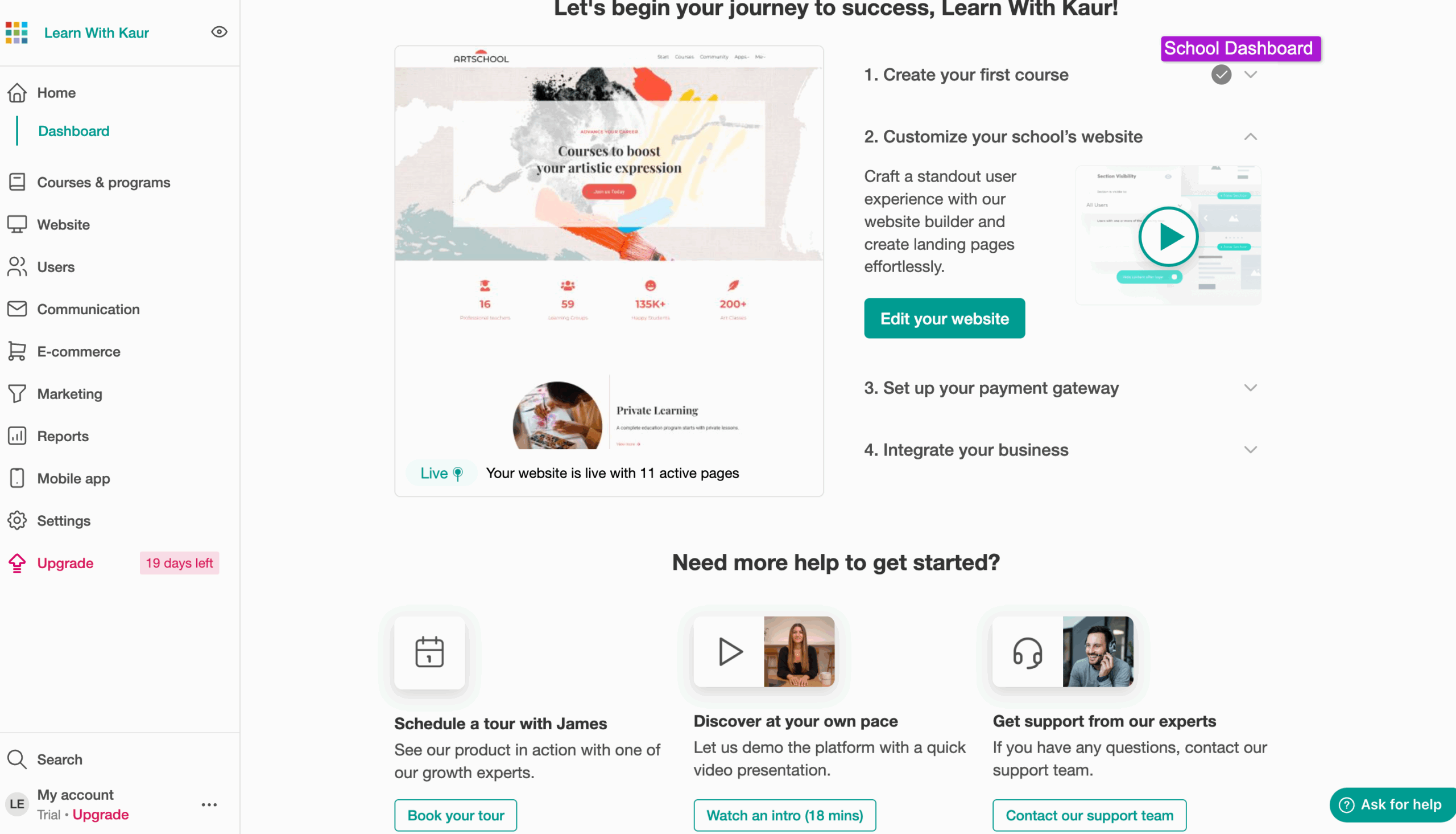 The learnworlds school dashboard screenshot