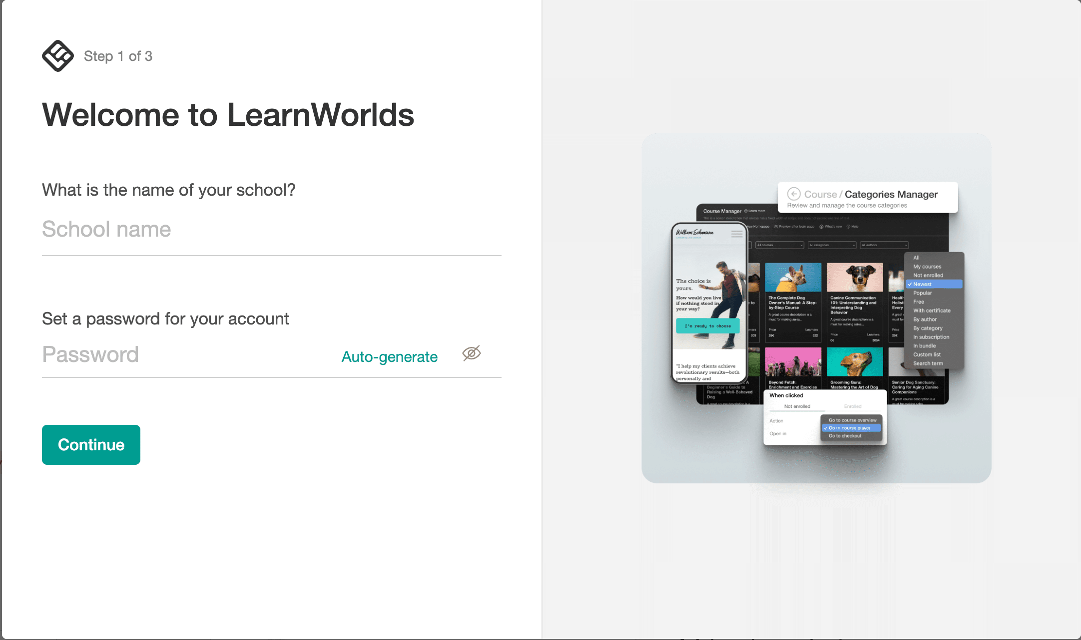 Learnworlds school setup  step screenshot