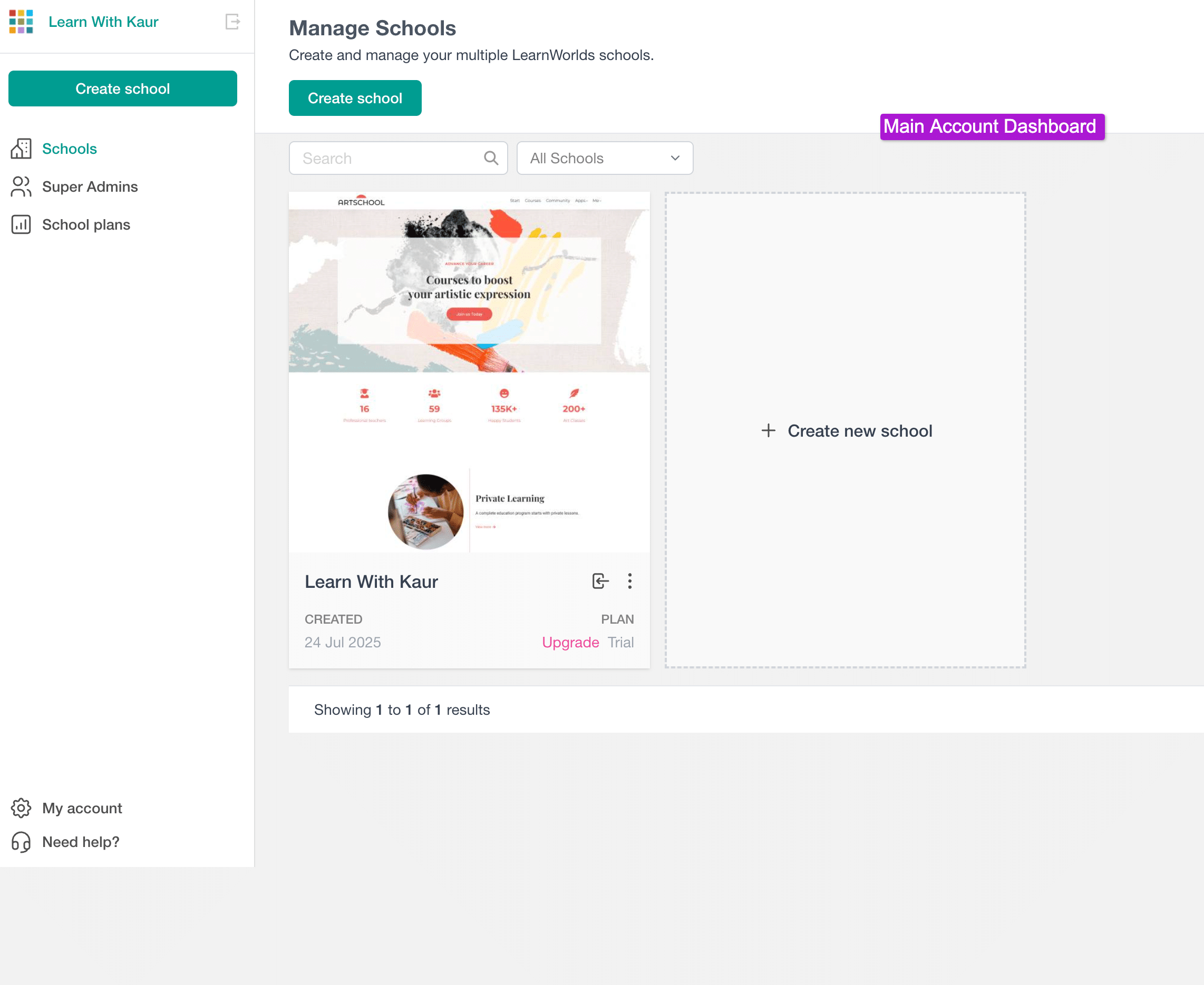 Learnworlds main account dashboard