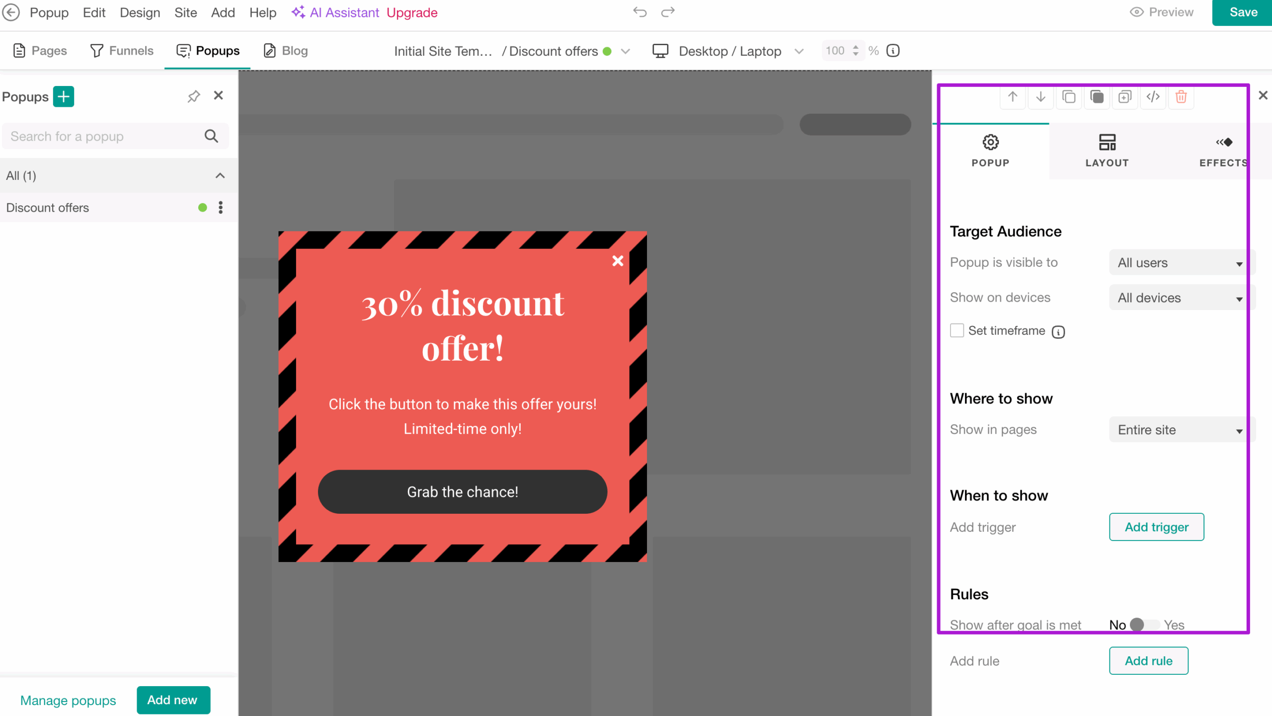 Pop customization settings